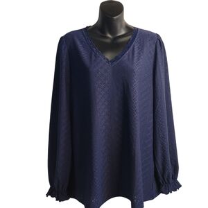 Kikula Women's Navy Blue V-Neck Stretch Top Blouse Size Large NWT